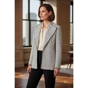 St. John Boutiques Ivory Black Boucle Knit Open-Front Jacket Size 14